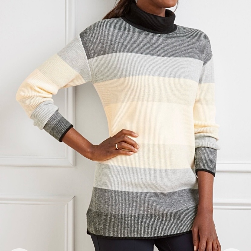 NWOT Talbots Gray Cream Tonal Striped Coastal Grandmother Turtleneck Sweater P